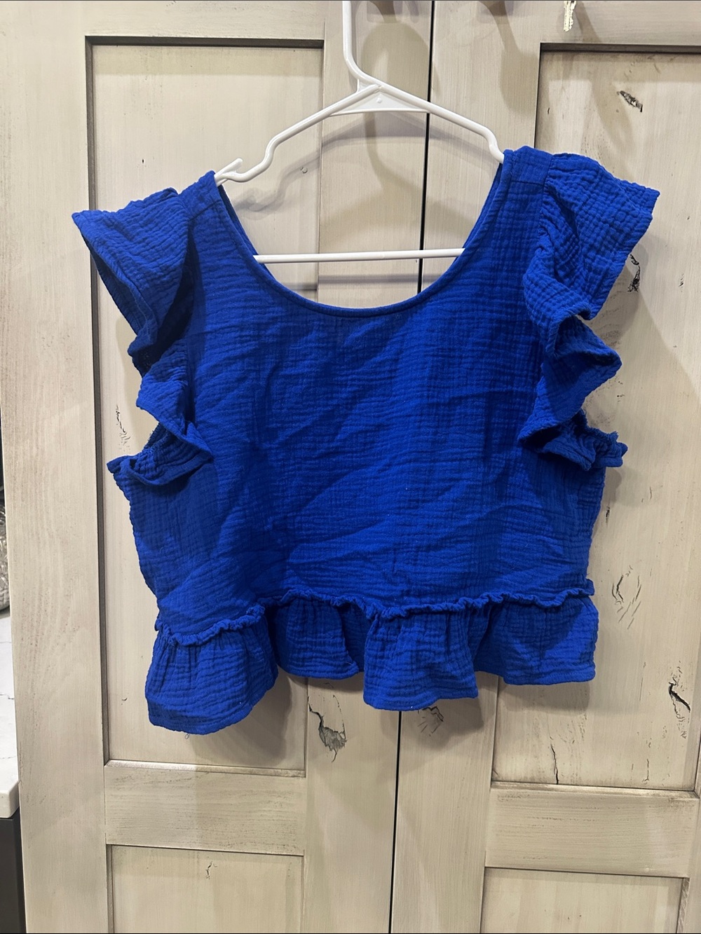 Ruffled Scoop-Neck Crop Top in Cobalt Blue